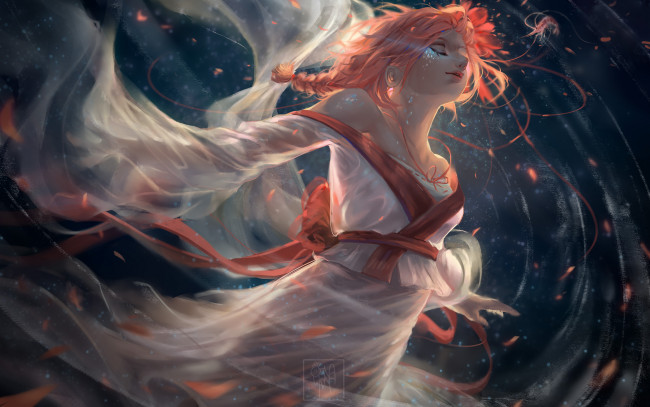 Обои картинки фото фэнтези, девушки, кимоно, арт, девушка, лицо, вода