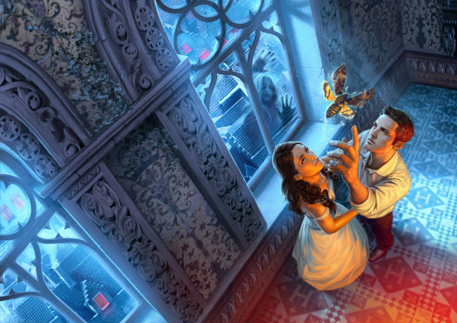 Обои картинки фото фэнтези, люди, витражи, насекомое, парень, арт, окна, девушка