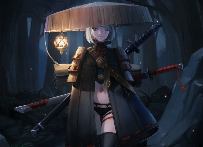 Обои картинки фото аниме, оружие,  техника,  технологии, ремень, фонарь, арт, ночь, япония, девушка, взгляд