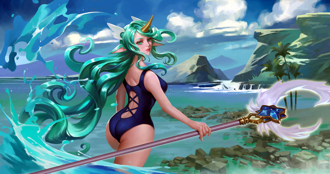 Обои картинки фото видео игры, league of legends, сорака, рог, посох, купальник, море, горы