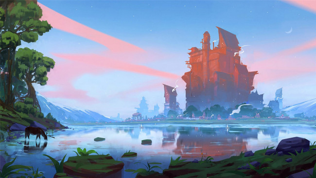 Обои картинки фото рисованное, денис истомин, лес, горы, озеро, олень, камни, дома, здания