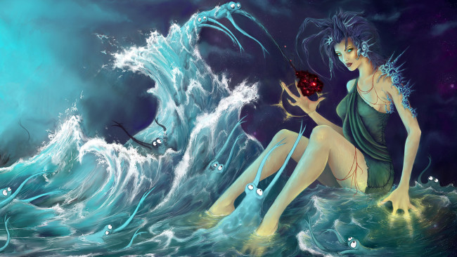 Обои картинки фото фэнтези, девушки, девушка, море, волны, существа