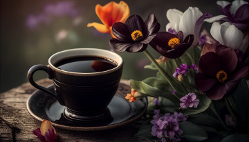 Картинка еда кофе +кофейные+зёрна цветы чашка блюдце