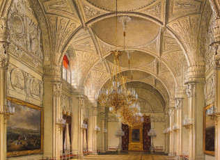 обоя рисованное, эдуард гау, дворец, интерьер, зал, лепнина, свод, люстры, колонны, картины