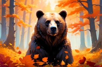 обоя рисованное, животные,  медведи, осень, лес, деревья, медведь