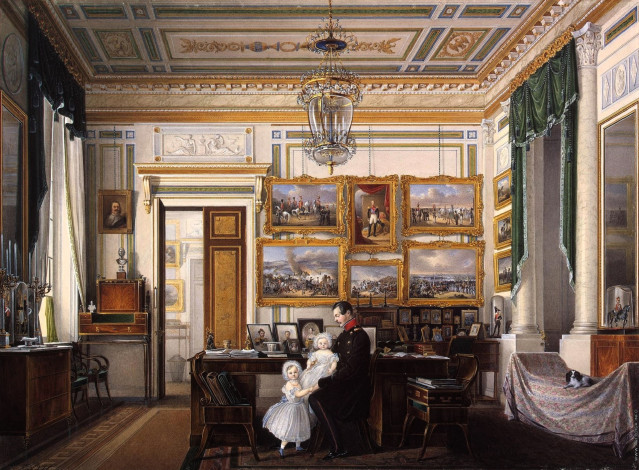 Обои картинки фото рисованное, эдуард гау, дворец, интерьер, кабинет, стол, дети, мужчина, картина, собака