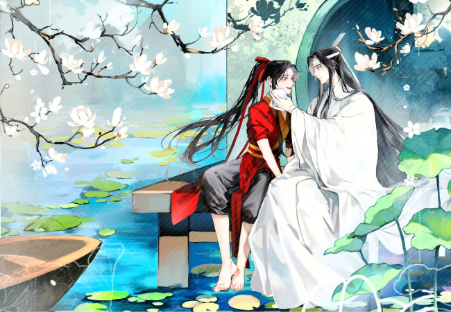 Обои картинки фото аниме, mo dao zu shi, вэй, усянь, лань, ванцзы, озеро, пристань, магнолии, лотосы, лодка