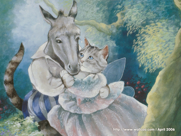 Обои картинки фото рисованные, животные, сказочные, мифические, осел, кошка