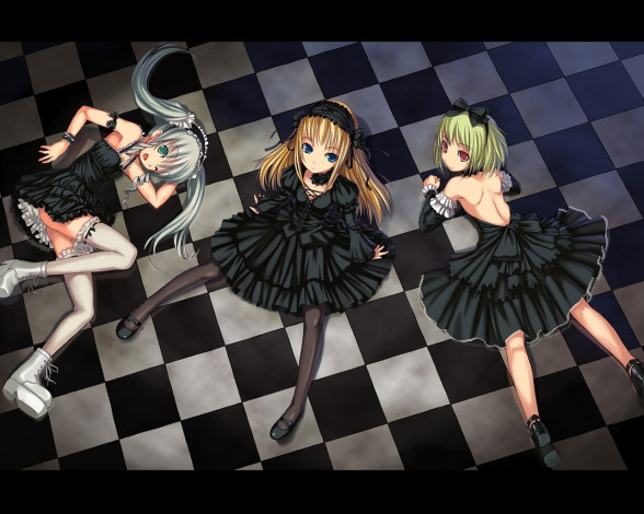Обои картинки фото by, bosshi, аниме, *unknown, другое, девушки, клетчатый, пол, готика, лоли