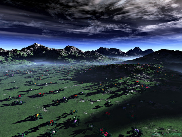 Обои картинки фото 3д, графика, nature, landscape, природа, горы, цветы, облака