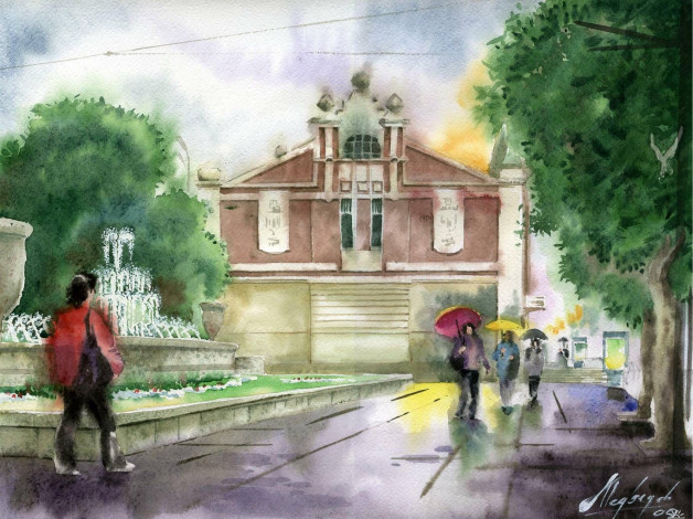 Обои картинки фото александр, медведев, рисованные, дождь