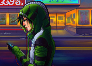 Картинка аниме -headphones+&+instrumental профиль капюшон парень плеер музыка арт наушники