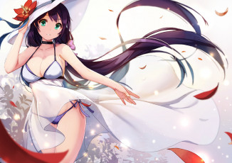 Картинка аниме *unknown+ другое art nuclear warhead девушка toujou nozomi взгляд улыбка грудь бикини шляпка лепестки love live school idol project