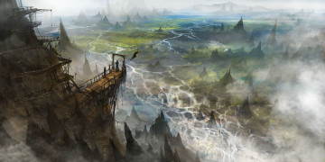 Картинка фэнтези иные+миры +иные+времена арт пейзаж вид мост люди скала деревья