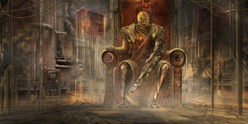 Картинка фэнтези роботы +киборги +механизмы фантастика арт трон помещение трубы механизм оружие