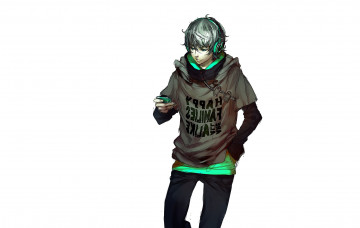 Картинка аниме -headphones+&+instrumental парень арт телефон наушники fisheye placebo