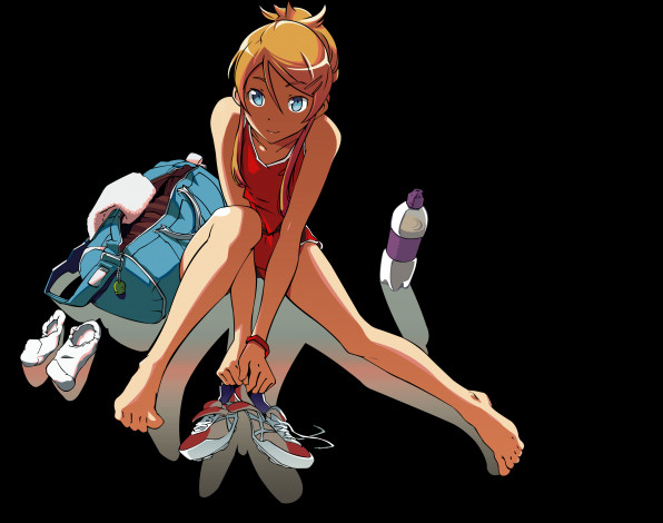 Обои картинки фото аниме, oreimo, бутылка, красовки, блондинка, голубоглазая, чёрный, фон, сумка, взгляд, девушка, kirino, kousaka