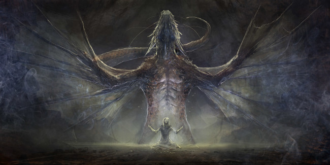 Обои картинки фото фэнтези, драконы, фантастика, арт, дракон, крылья, мощь, человек