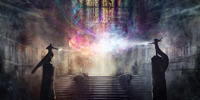 Обои картинки фото фэнтези, магия, арт, помещение, витражи, лестница, маги, мужчина, женщина