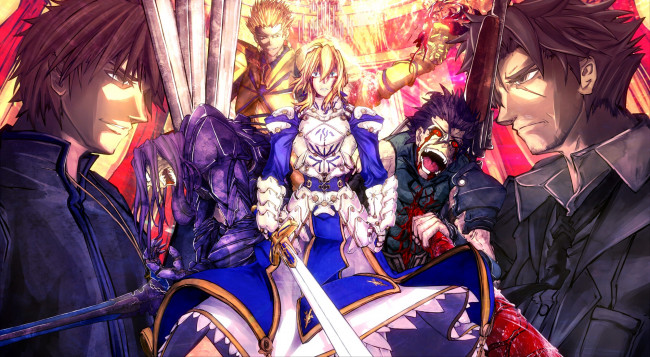 Обои картинки фото аниме, fate, zero, персонажи, девушка, парни, кровь, оружие, emiya kiritsugu, saber, lancer, gilgamesh, kotomine kirei