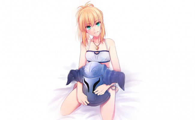 Обои картинки фото аниме, fate, stay night, белый, фон, девушка, шлем, блондинка