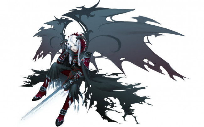 Обои картинки фото аниме, -angels & demons, цепи, меч, парень, рога, демон, крылья