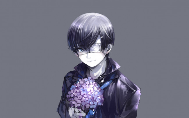 Обои картинки фото аниме, tokyo ghoul, улыбка, повязка, букет, серый, фон, парень, kaneki, ken