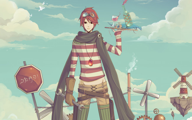 Обои картинки фото аниме, *unknown , другое, мельница, деньги, монеты, бокал, бутылка, поднос, птицы, знак, перчатка, ключ, очки, медальон, парень, jun, gasara, арт