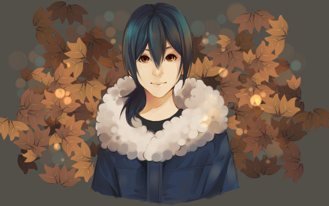 Обои картинки фото аниме, *unknown , другое, gasara, art, куртка, листья, девушка, хвост