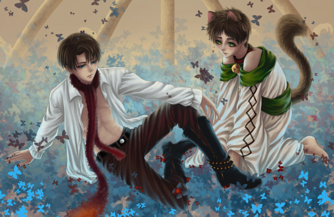 Обои картинки фото аниме, shingeki no kyojin, эрен, леви, атака, титанов, арт