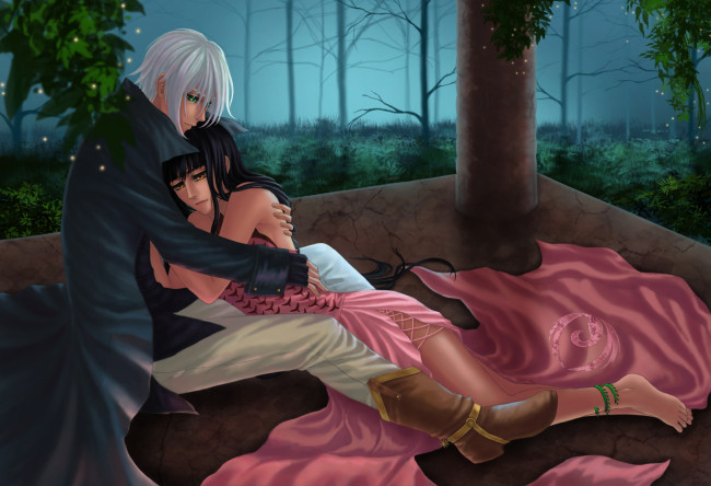 Обои картинки фото аниме, *unknown , другое, ночь, мужчина, девушка, деревья, объятия, лес