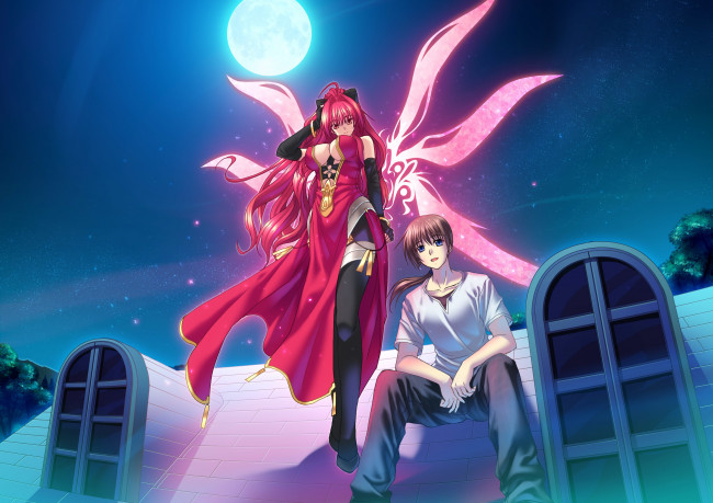 Обои картинки фото аниме, polyphonica, луна, ночь, девушка, деревья, парень, звезды, tatara, phoron, corticarte, apa, lagranges, арт, небо, крылья, полифоника, дом, окно, kannatsuki, noboru