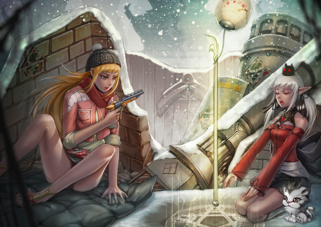Обои картинки фото аниме, -weapon,  blood & technology, заклинание, магия, эльф, пистолет, животное, кот, руины, стена, развалины, зима, снег, девушки