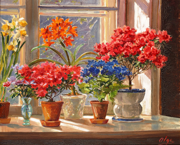 Обои картинки фото рисованное, цветы, горшки, подоконник, окно