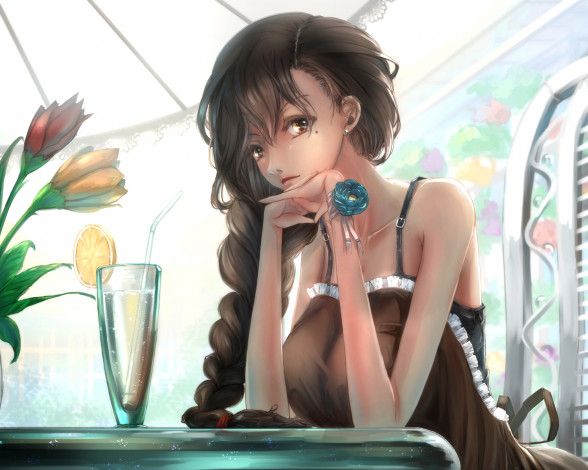 Обои картинки фото аниме, unknown,  другое, взгляд, фон, девушка