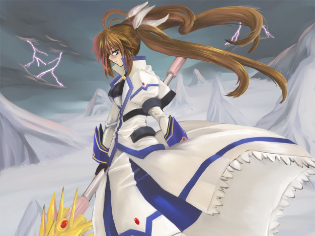 Обои картинки фото аниме, mahou shoujo lyrical nanoha, фон, взгляд, девушка