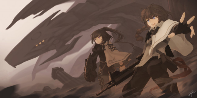 Обои картинки фото аниме, оружие,  техника,  технологии, дракон, двое