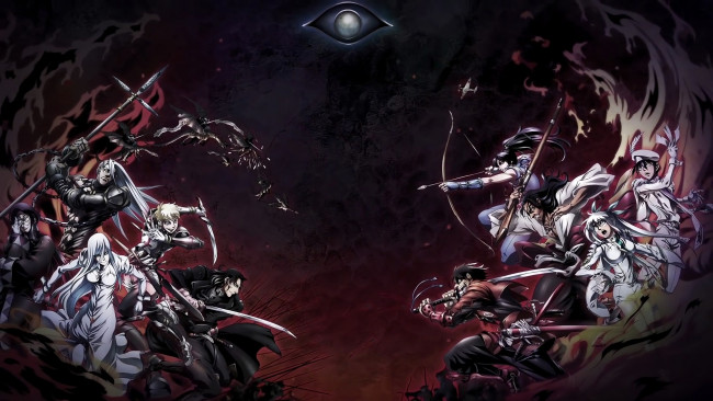 Обои картинки фото аниме, оружие,  техника,  технологии, девушки, парни, мечи, ночь