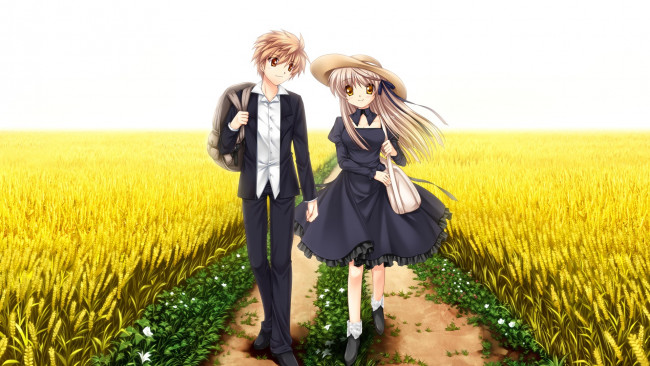 Обои картинки фото аниме, rewrite, парень, фон, взгляд, девушка