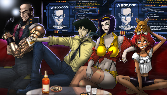 Обои картинки фото аниме, cowboy bebop, edward, faye, valentine, ein, jet, black, cowboy, bebop, spike, spiegel
