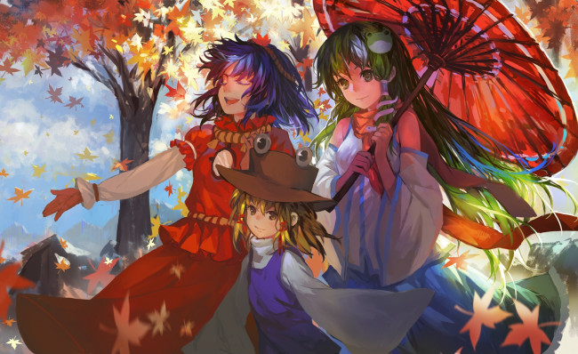Обои картинки фото аниме, touhou, фон, взгляд, девушки