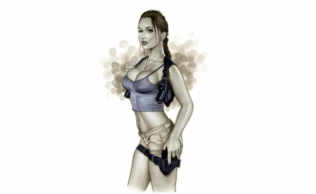 Обои картинки фото рисованное, комиксы, фон, пистолет, коса, взгляд, майка, девушка