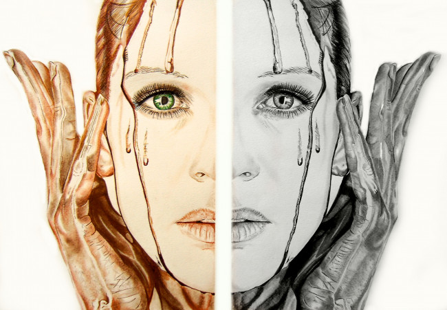 Обои картинки фото рисованное, люди, взгляд, ладонь, фон, девушка