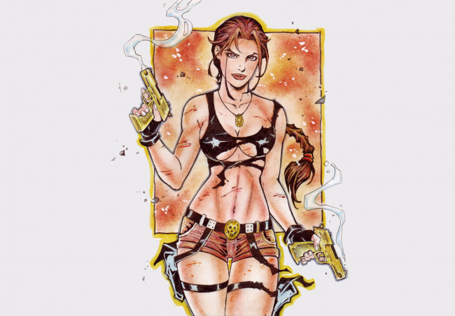 Обои картинки фото рисованное, комиксы, фон, пистолет, взгляд, девушка