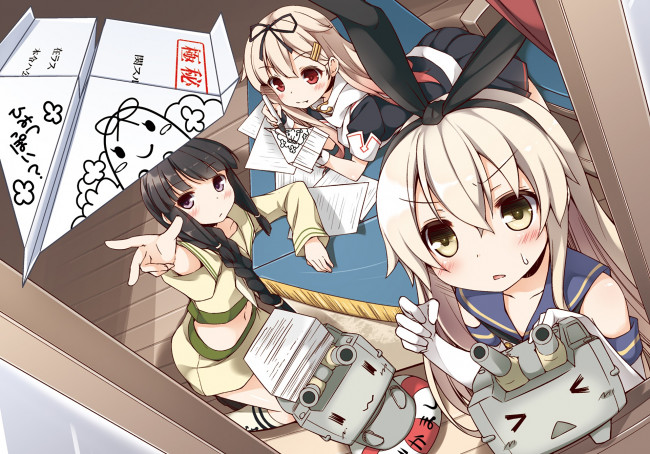 Обои картинки фото аниме, kantai collection, фон, взгляд, девушки