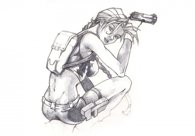 Обои картинки фото рисованное, комиксы, взгляд, фон, девушка, пистолет, скетч