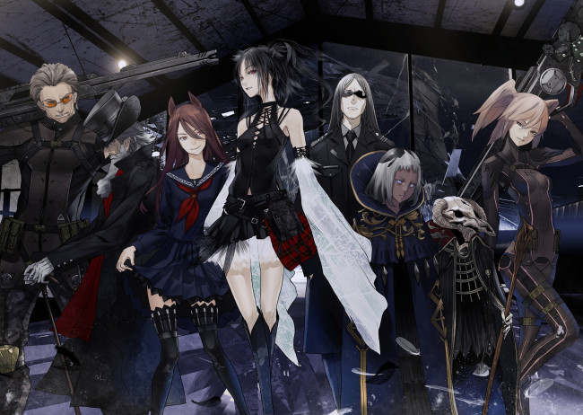 Обои картинки фото аниме, оружие,  техника,  технологии, девушки, парни, арт, улыбка, посох, старик, шляпа, redjuice