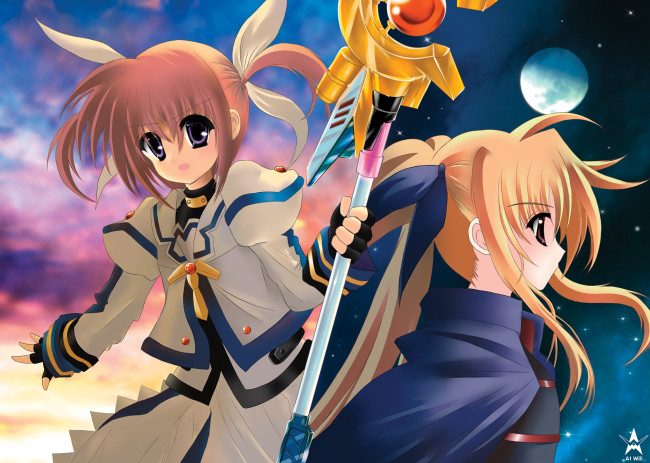 Обои картинки фото аниме, mahou shoujo lyrical nanoha, взгляд, девушки, фон