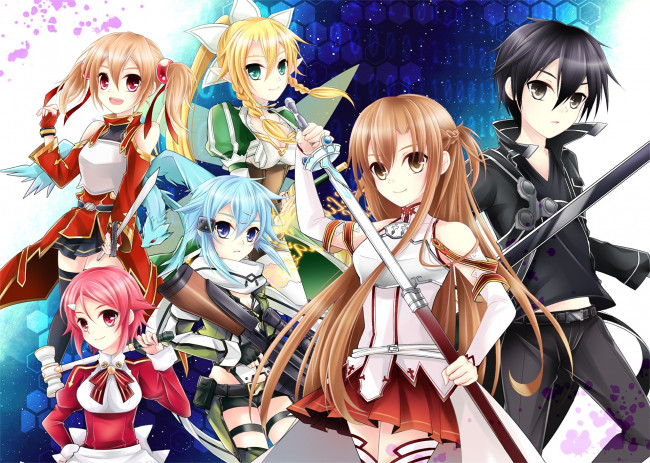 Обои картинки фото аниме, sword art online, девушки, взгляд, фон