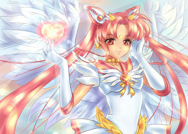 Обои картинки фото аниме, sailor moon, девушка, chibi, moon, chibiusa, взгляд, сердце, крылья